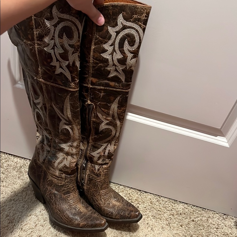 dan post knee high Brown Western Cowboy Boots